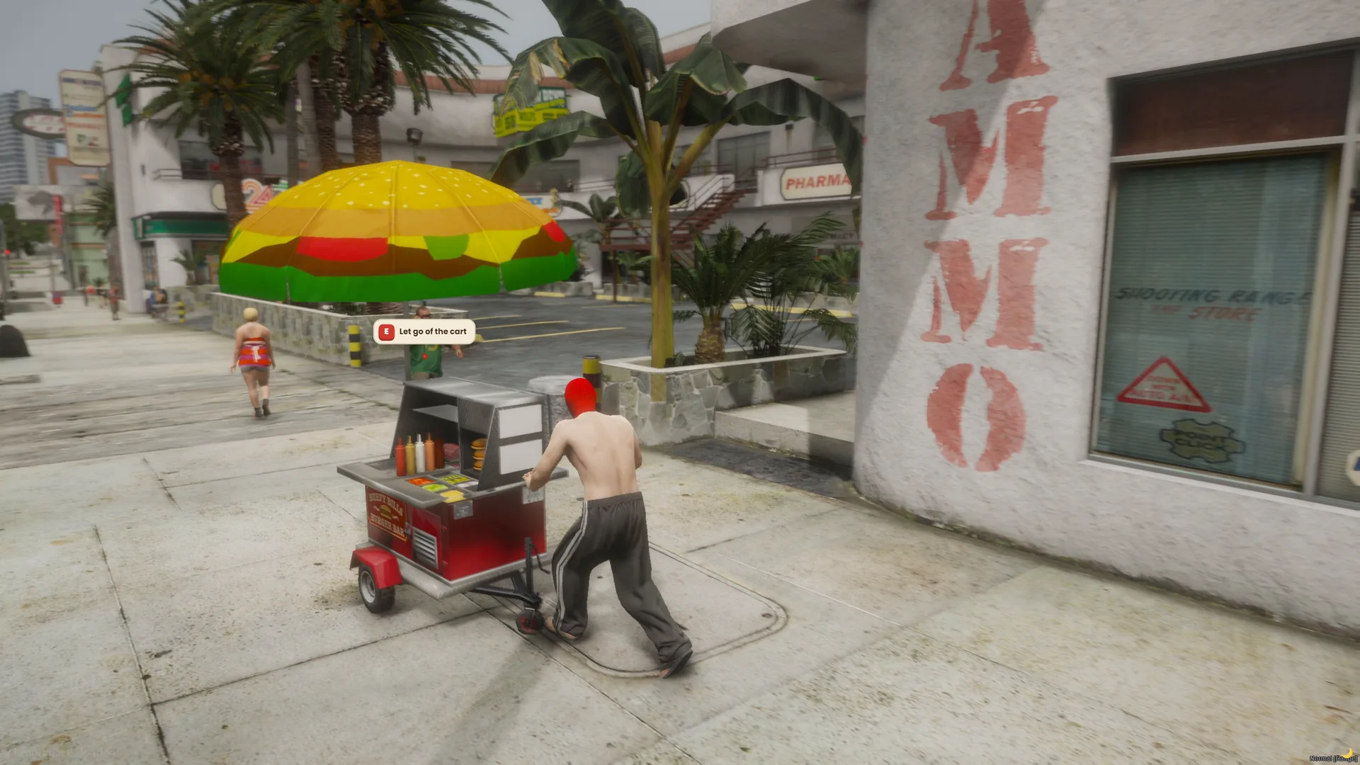 Player pushing the burger cart across a parking lot on foot