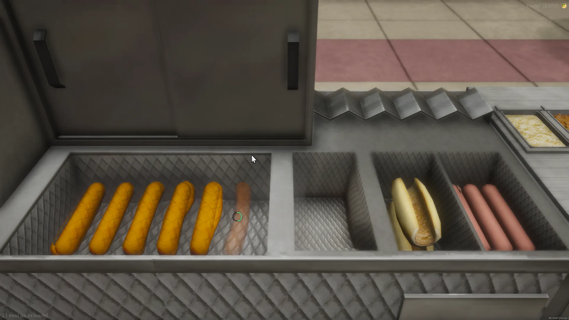 Hot dog cart cooking view with sausages in the boiling well, a bun and raw sausages waiting