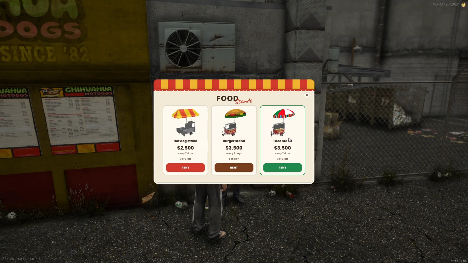 Depot menu with the hot dog, burger and taco stands up for rent