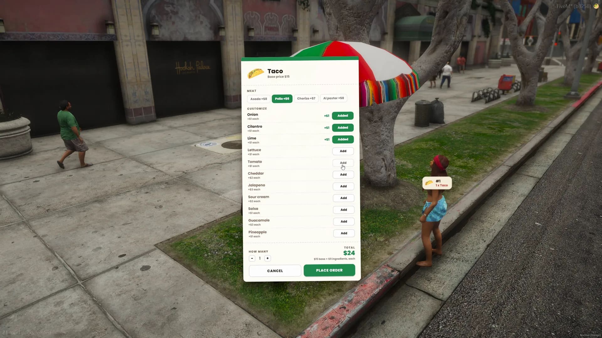 Taco order menu with meat choices, toppings, quantity and a live total