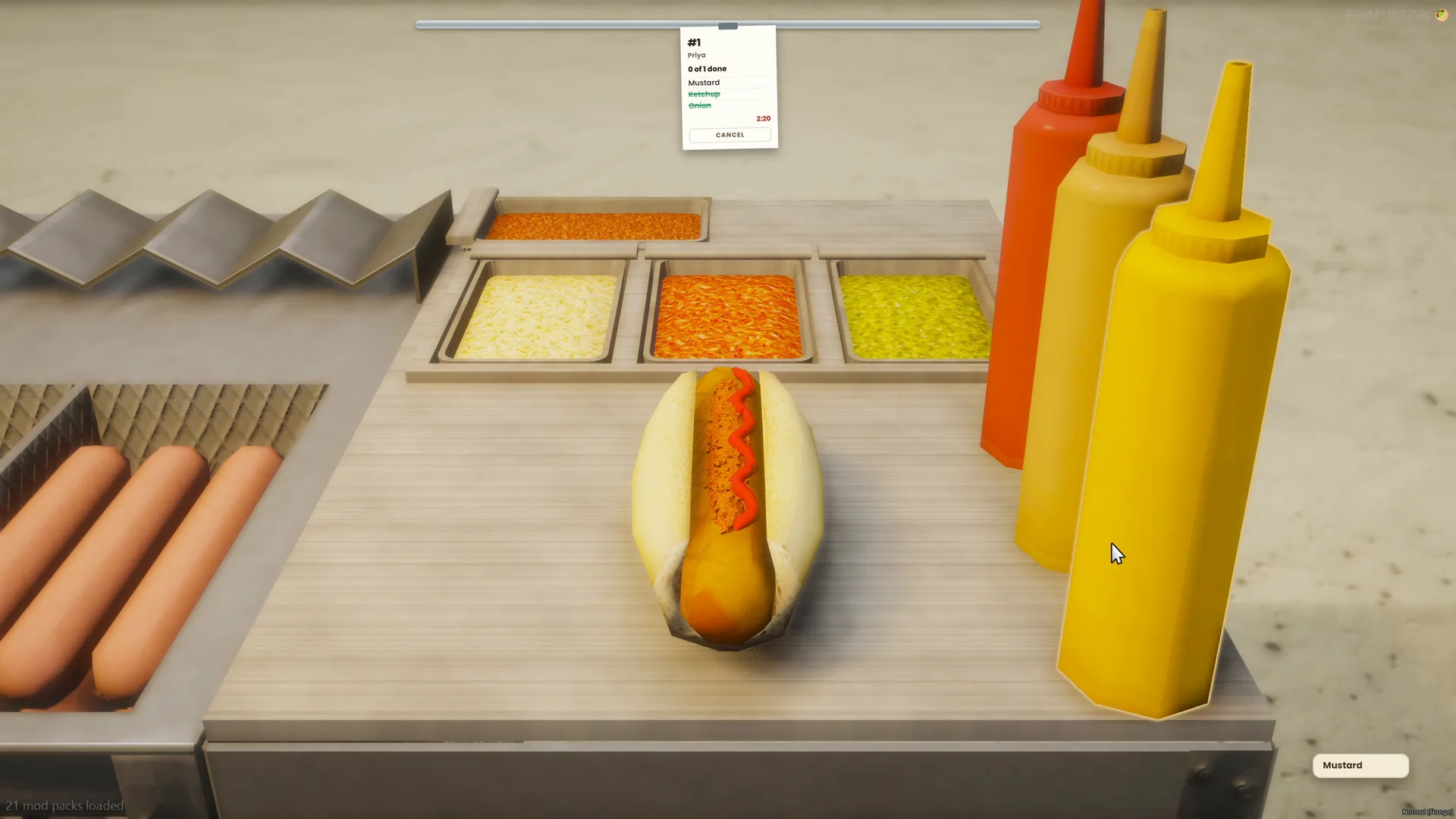 Dressing a hot dog with an order ticket on the rail above the counter