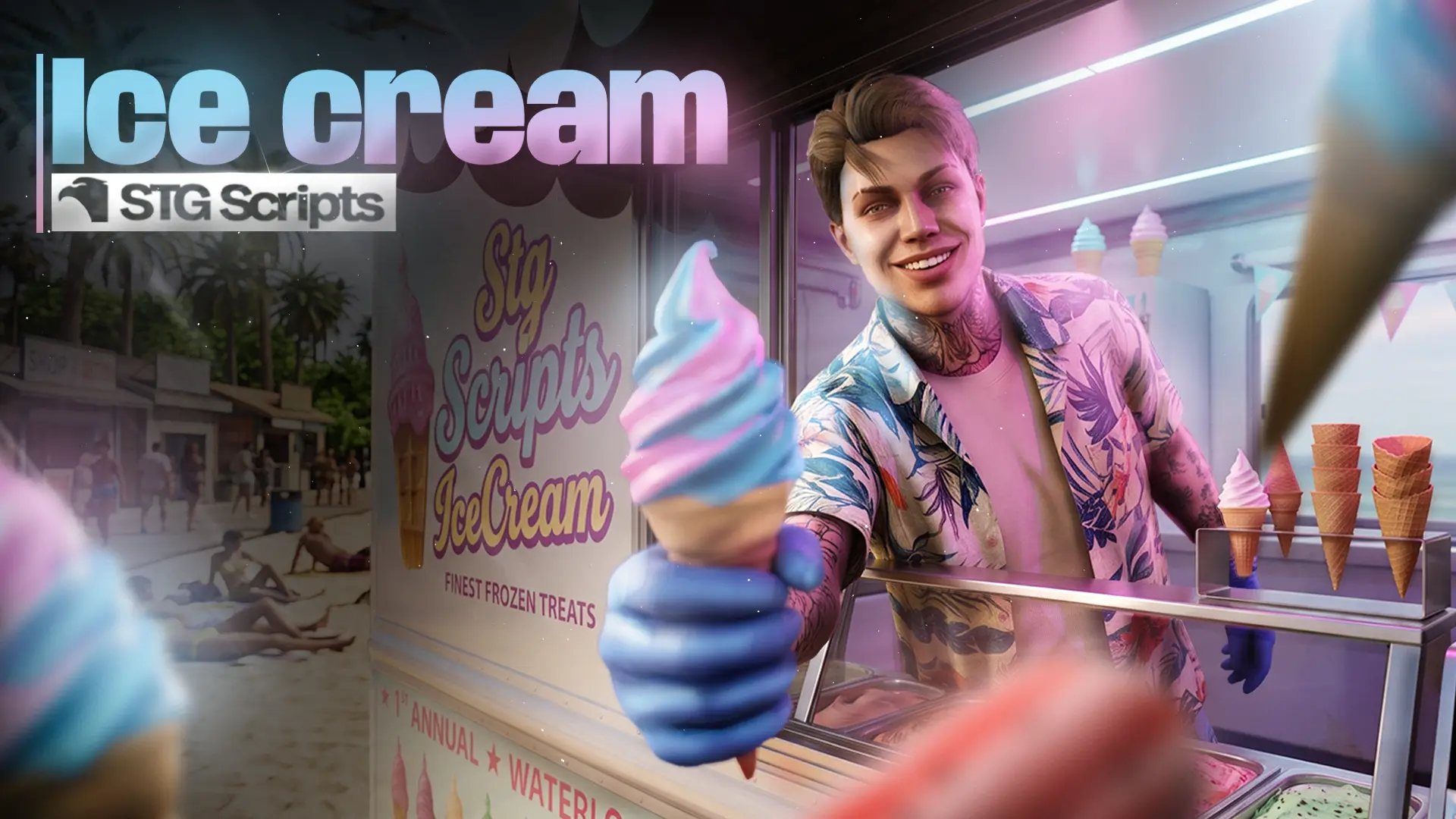 Ice cream truck vendor handing a soft serve cone through the serving window